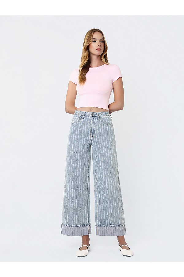SUPER HIGH RISE CUFFED STRIPED WIDE...
